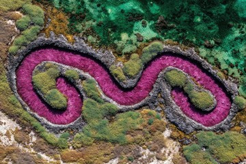 Aerial view of a winding, vibrant pink channel snaking through a landscape of varied greenery and muted earth tones