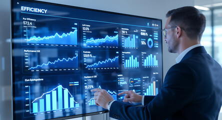 Businessman analyzing financial data on a large digital display screen