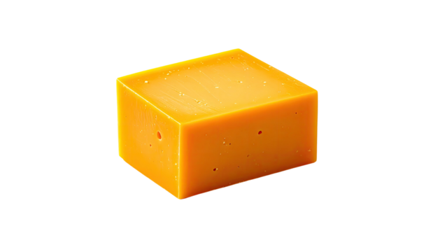 A block of sharp cheddar cheese, smooth and slightly glossy, with a light orange-yellow hue and small holes evenly distributed throughout