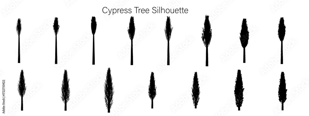 Poster silhouette arrangement of cypress trees in two rows against a white background creating a simple pat