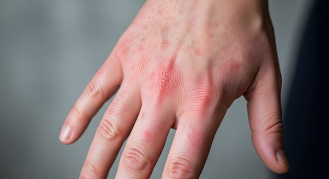 Hand with red rash irritated skin eczema dermatitis allergy symptom healthcare medical health treatment skin condition inflammation close up detail dermatology