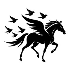 Pegasus vector art: flying horse with birds silhouette | editable svg
