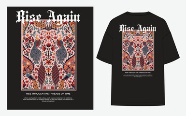 Streetwear graphic, vibrant, symmetrical illustration of two peacocks framed within an intricate, bold Gothic title: "Rise Again." Ideal for T-shirts, hoodies, posters, fashion enthusiasts, cultural.