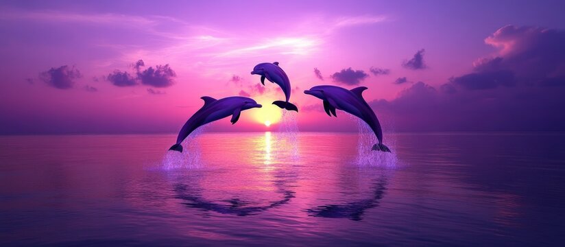 A Trio of Dolphins Leaps in Harmony Against a Vivid Purple Sunset