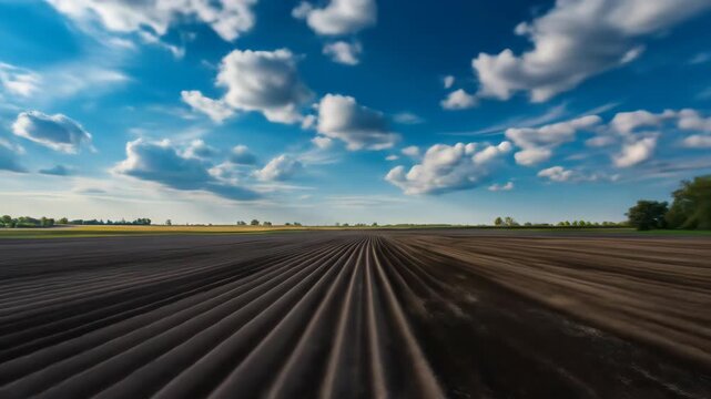 Plowed agricultural field with parallel furrows stretching to horizon under blue sky with white clouds	
