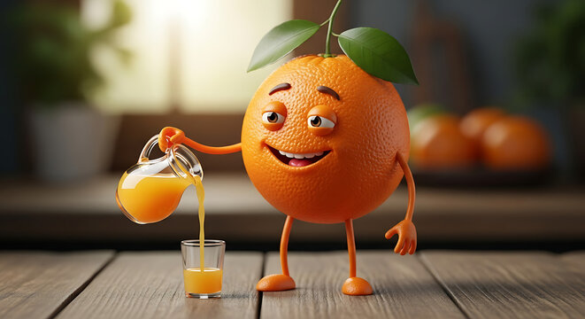 This image offers a deeper, metaphorical layer as an anthropomorphic orange pours its own essence into a glass