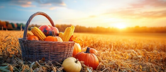 Autumn Harvest Basket Filled with Pumpkins and Corn in Golden Field