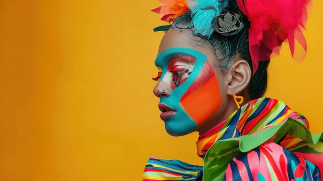 Woman with elaborate colorful face paint on orange background, vibrant costume and headpiece