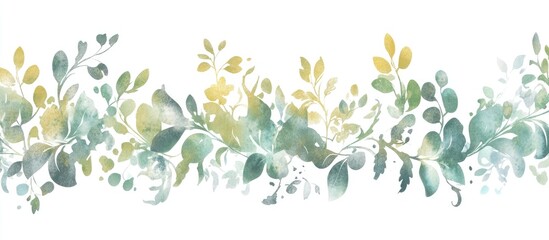 Artistic Watercolor Gold and Teal Green Botanical Foliage Border with Textured Leaves