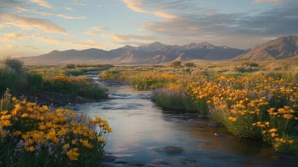 Serene Sunset: Golden Wildflowers Bloom Along a Mountain Stream
