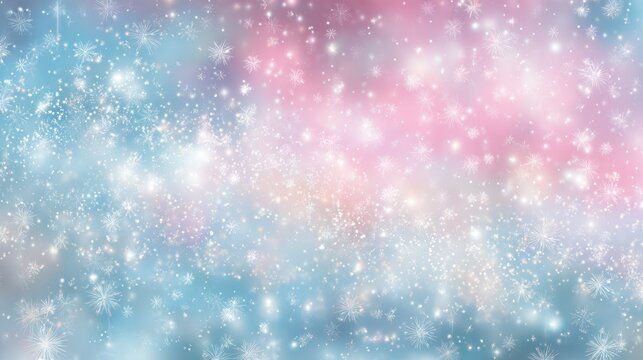 Abstract bokeh of swirling pastel blue and pink with light snow or stars dispersed