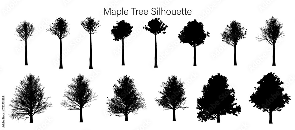 Poster collection of various tree silhouettes showcasing different shapes and sizes against a white backgro