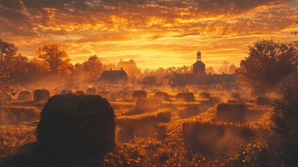 Golden Harvest Sunrise: Hay Bales Illuminated by a Fiery Sky