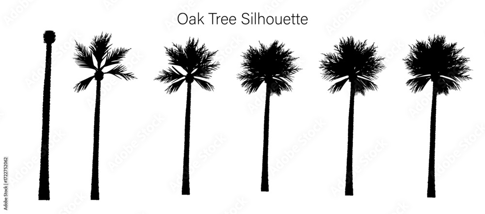 Poster silhouette of a row of palm trees with varying degrees of foliage density and growth stages in black