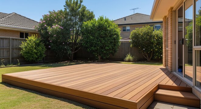 Spacious, light-brown composite deck.  Sunny backyard