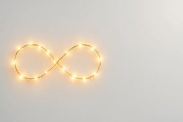 Glowing infinity symbol made of golden fairy lights on white background with soft light and clean space for text festive concept for New Year celebration marketing and business visuals