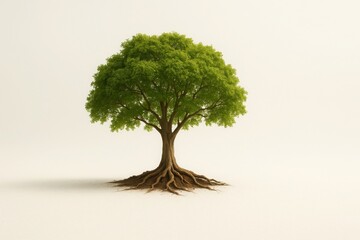 Green tree with visible roots on light background with copy space symbol of growth sustainability and strong foundation for business and ecology concepts