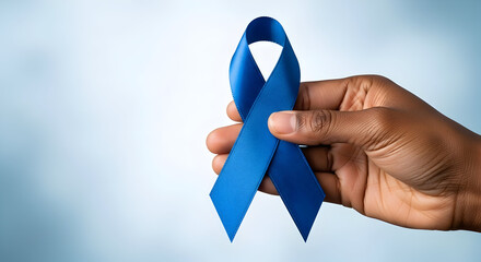 A hand holding a blue ribbon symbolizing support and awareness for various causes like colon cancer prostate cancer and more show your support