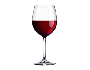 A stemmed wine glass filled with red wine, isolated on black
