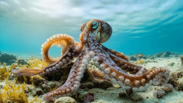 Colorful octopus underwater in coral reef  