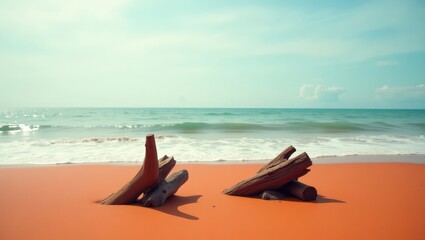 Obraz premium Peaceful beach scene with driftwood on vibrant orange sand, showcasing a serene ocean vista under a light sky.