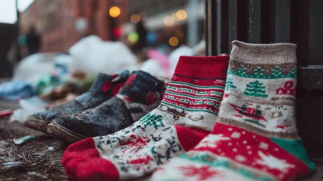 Colorful knitted Christmas-pattern socks laid out on a dirty city sidewalk, with piles of clothes and trash blurred in the background.