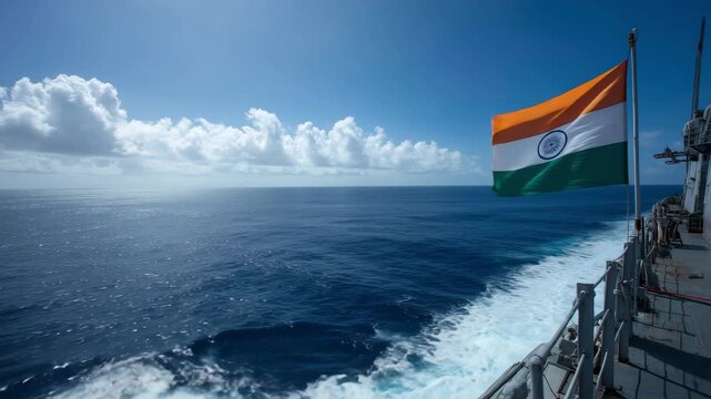 Indian national flag proudly unfurled aboard a naval ship, showcasing vibrant colors against a serene ocean backdrop with fluffy clouds in a clear blue sky.