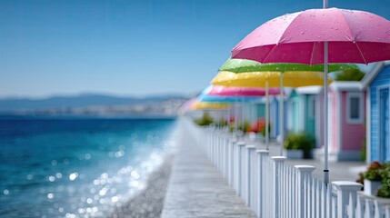 Fototapeta premium Vibrant Beach Umbrellas at Coastline with Colorful Hues Against Azure Sea Waters and Clear Sky in Summer Day Perspective