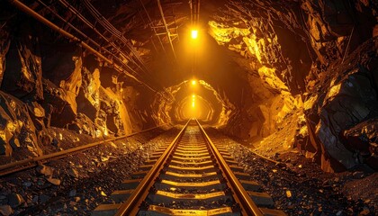 Naklejka premium Dark tunnel, railway tracks, golden light