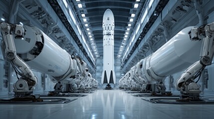 Modern space rocket in a high-tech industrial production facility