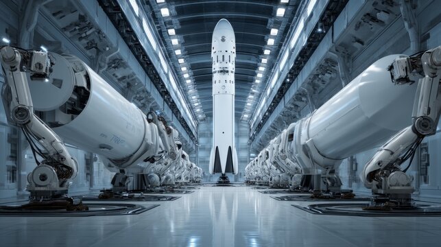 Modern space rocket in a high-tech industrial production facility