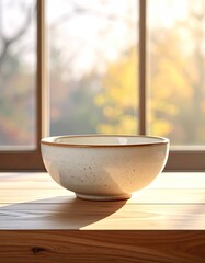 Empty light-gray speckled bowl on wooden table by a window