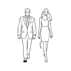 Black and White Vector Illustration of a Couple Man and Woman in Minimalistic Clean Line Art Style