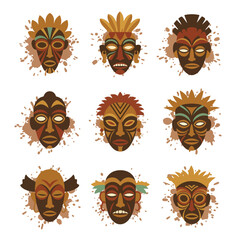 African tribal masks on splattered backgrounds ideal for cultural designs, art projects, educational materials, travel publications, and diverse decor.