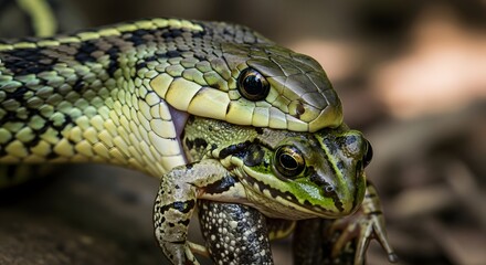 Obraz premium A snake capturing a frog in a natural setting, showcasing the predator-prey dynamic in the wild