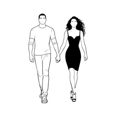 Black and White Vector Illustration of a Couple Man and Woman in Minimalistic Clean Line Art Style