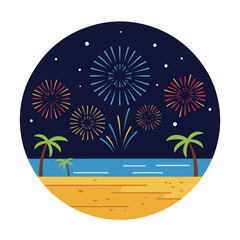 Night beach scene with fireworks and palm tree silhouettes perfect for summer and vacationthemed designs or promotions. Beach party backdrop with tropical vibes.