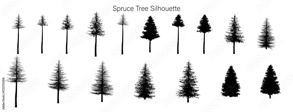Poster collection of spruce tree silhouettes in varying shapes and sizes arranged in two rows on a white ba
