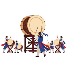 Korean drummers in traditional attire perform with drums in a captivating show. Suitable for cultural events or musicrelated projects.