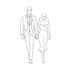 Black and White Vector Illustration of a Couple Man and Woman in Minimalistic Clean Line Art Style