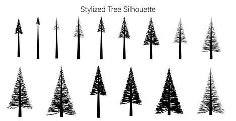 A collection of stylized tree silhouettes in black and white showing various shapes and densities of foliage