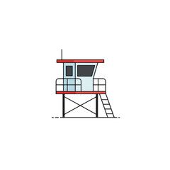 Lifeguard stand with ladder on sandy beach. Suitable for summer safety, beach vacations, water safety, and travel concepts.