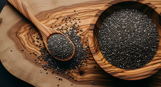 Healthy Chia Seeds in Wooden Bowl and Spoon Superfood Nutrition Dietary Fiber Omega 3 Fatty Acids Antioxidant Rich PlantBased Vegan Food