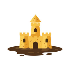 Yellow sandcastle on brown mud suitable for beachthemed designs. Summer banners, childrens books, vacation content, family activity graphics.