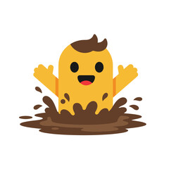 Yellow cartoon figure joyfully splashing in muddy puddle. Suitable for childrens book illustrations, educational materials, and animations.