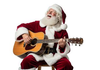 Happy Santa Claus playing guitar isolated on white or transparent background