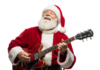 Happy Santa Claus playing guitar isolated on white or transparent background