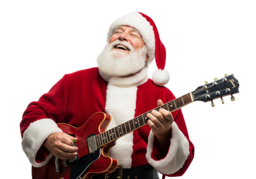 Happy Santa Claus playing guitar isolated on white or transparent background