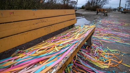 A wooden park bench wrapped in a tangle of colorful ribbons, with ribbons spread across the ground nearby. - Powered by Adobe