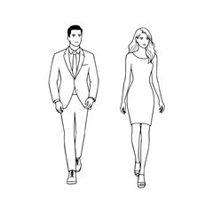 Black and White Vector Illustration of a Couple Man and Woman in Minimalistic Clean Line Art Style